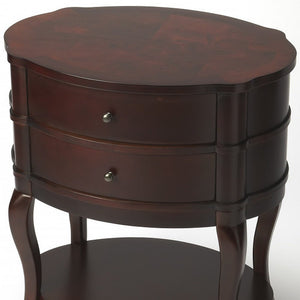 26" Dark Brown And Cherry Solid And Manufactured Wood Oval End Table With Two Drawers And Shelf - Montana Home & Kitchen Co.