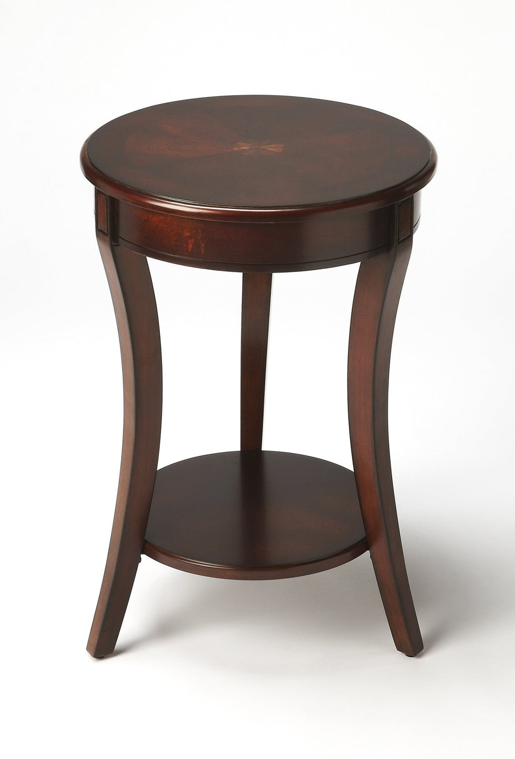 26" Dark Brown Wood And Wood Round End Table With Shelf - Montana Home & Kitchen Co.