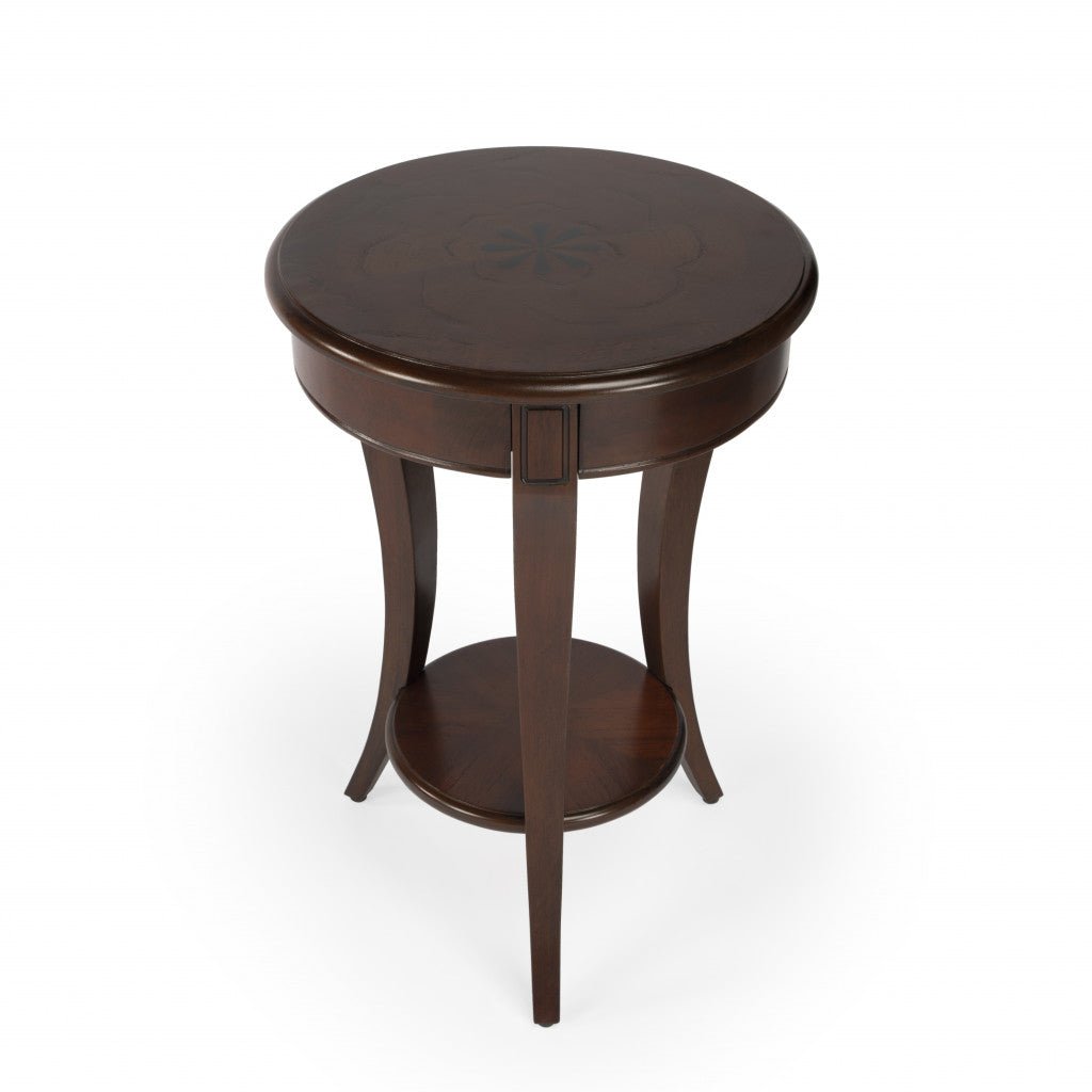 26" Dark Brown Wood And Wood Round End Table With Shelf - Montana Home & Kitchen Co.