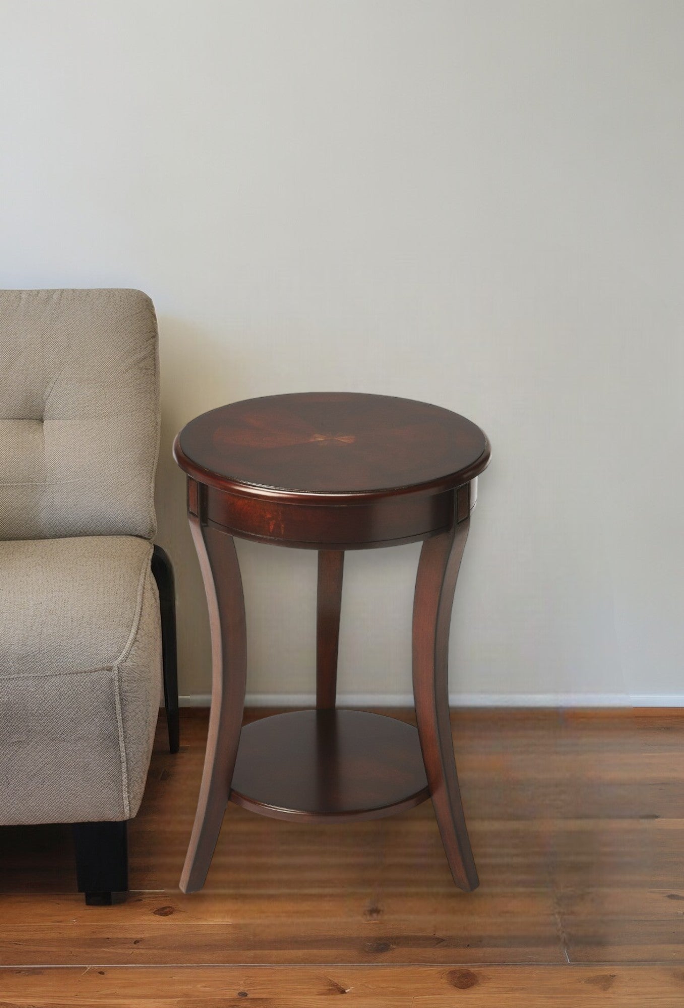 26" Dark Brown Wood And Wood Round End Table With Shelf - Montana Home & Kitchen Co.