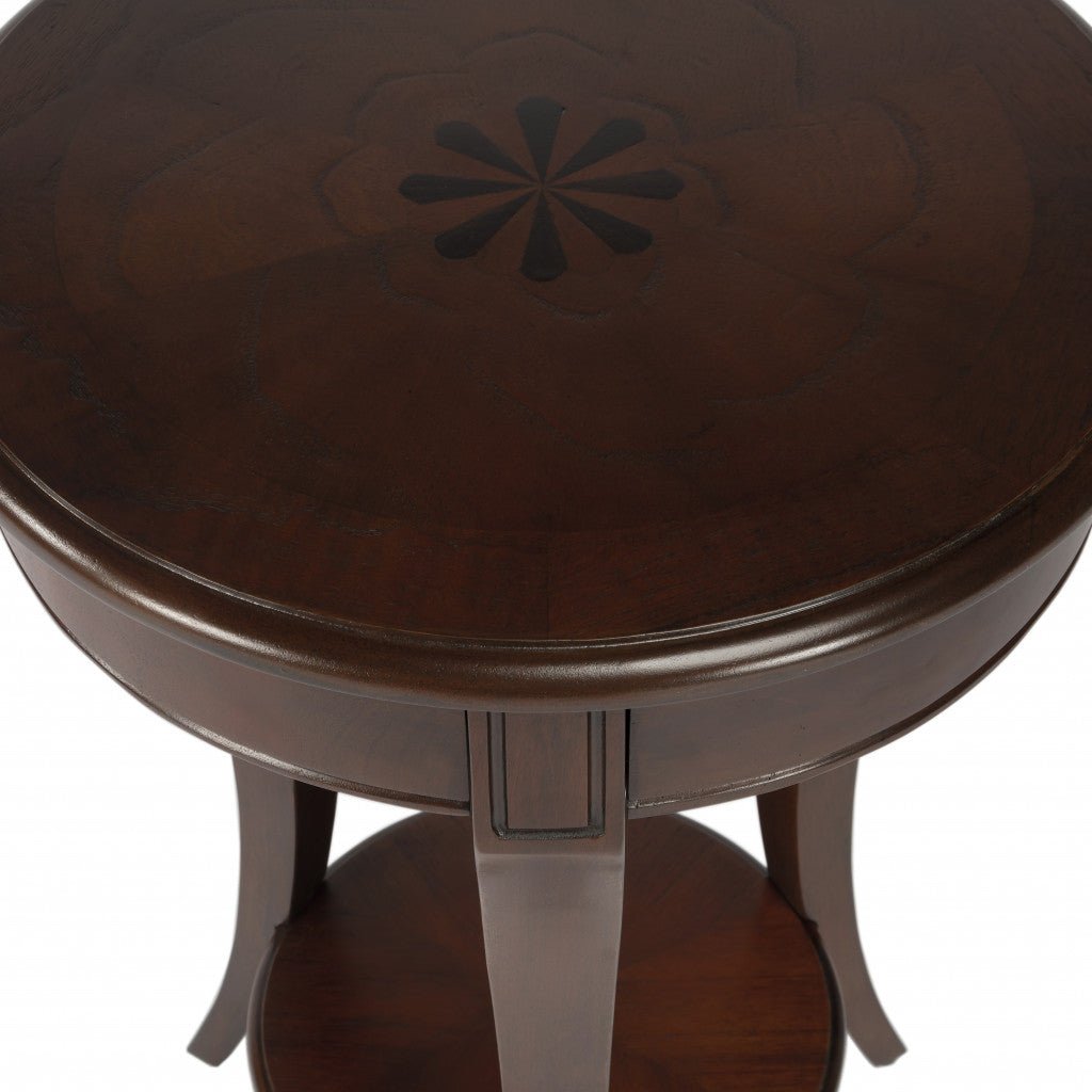 26" Dark Brown Wood And Wood Round End Table With Shelf - Montana Home & Kitchen Co.