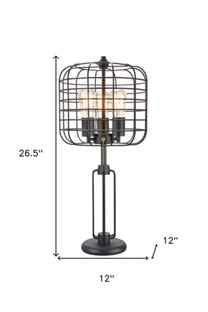 27" Black Metal Industrial Cage Design Three Light Table Lamp - Montana Home & Kitchen Co.