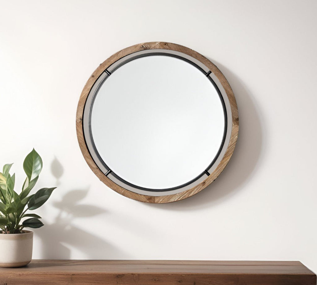 28" Brown Wood And Black Metal Round Framed Accent Mirror - Montana Home & Kitchen Co.