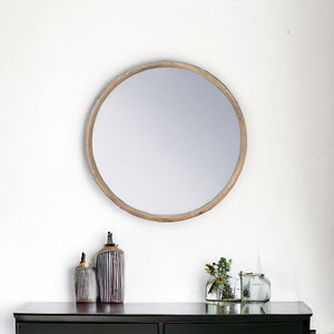 28" Natural Rustic Brown Wood Frame Round Wall Mounted Accent Mirror - Montana Home & Kitchen Co.