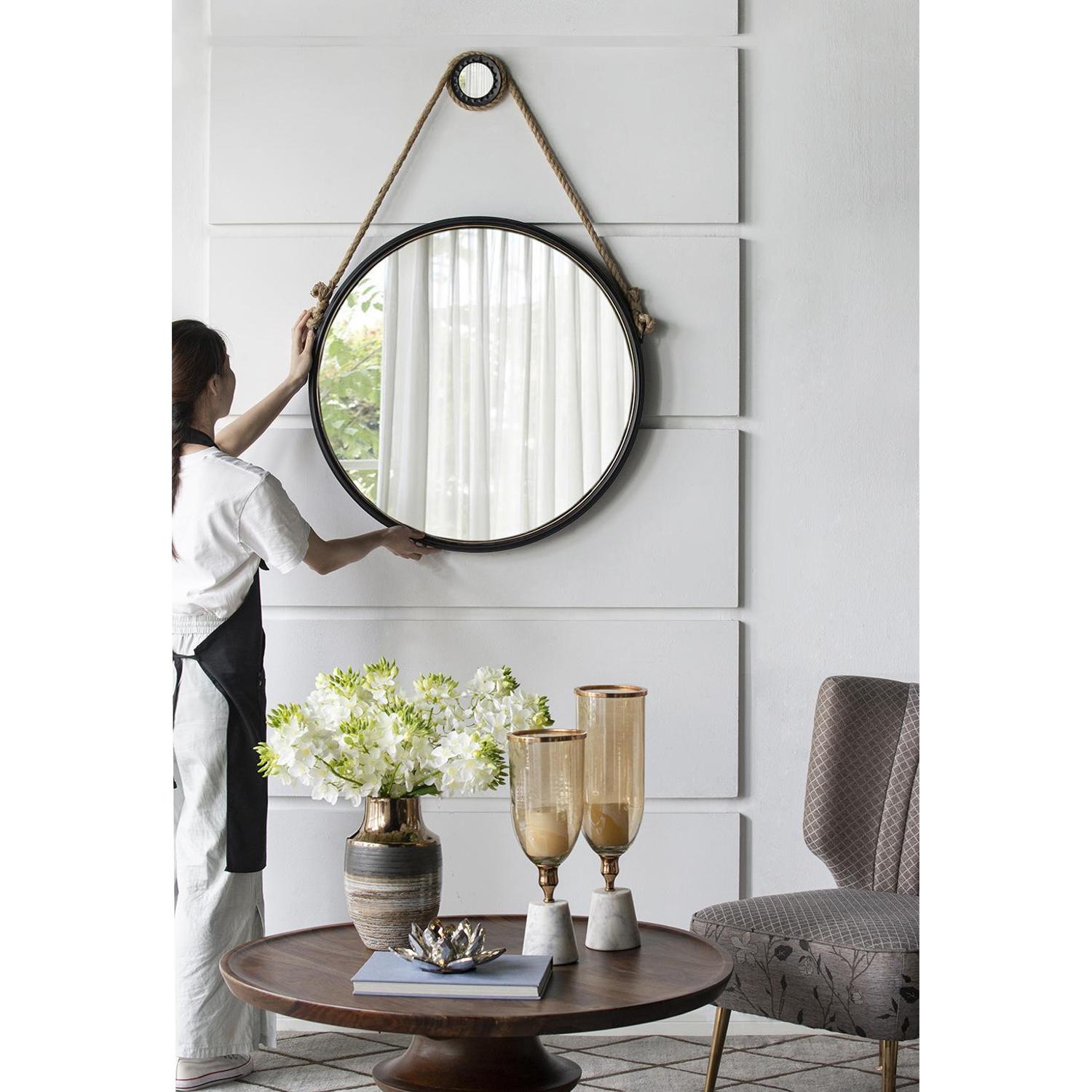 30" Black Fame Round Wall Hanging Accent Mirror with Rope - Montana Home & Kitchen Co.