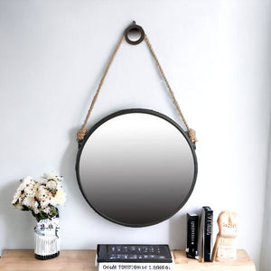 30" Black Fame Round Wall Hanging Accent Mirror with Rope - Montana Home & Kitchen Co.