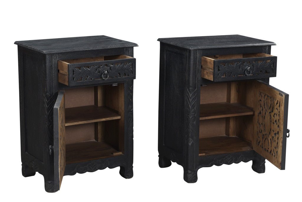 30" Distressed Black One Drawer Carved Floral Solid Wood Nightstand - Montana Home & Kitchen Co.