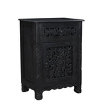 30" Distressed Black One Drawer Carved Floral Solid Wood Nightstand - Montana Home & Kitchen Co.