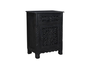 30" Distressed Black One Drawer Carved Floral Solid Wood Nightstand - Montana Home & Kitchen Co.