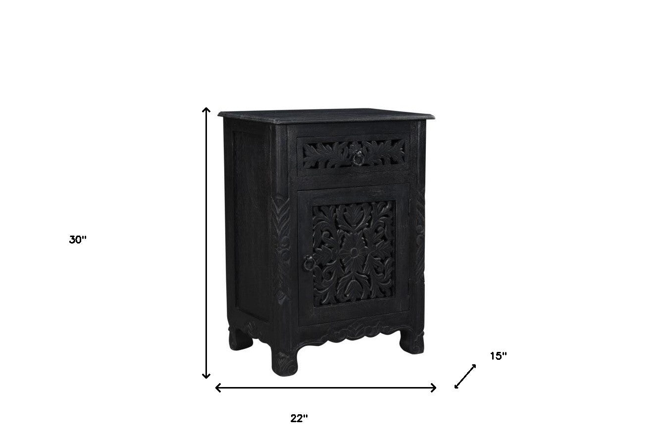 30" Distressed Black One Drawer Carved Floral Solid Wood Nightstand - Montana Home & Kitchen Co.