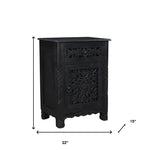 30" Distressed Black One Drawer Carved Floral Solid Wood Nightstand - Montana Home & Kitchen Co.