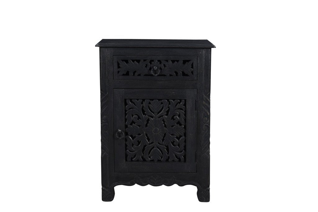 30" Distressed Black One Drawer Carved Floral Solid Wood Nightstand - Montana Home & Kitchen Co.