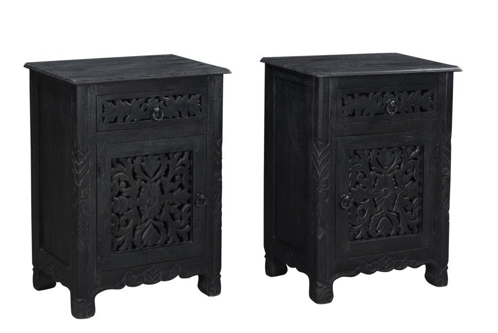 30" Distressed Black One Drawer Carved Floral Solid Wood Nightstand - Montana Home & Kitchen Co.