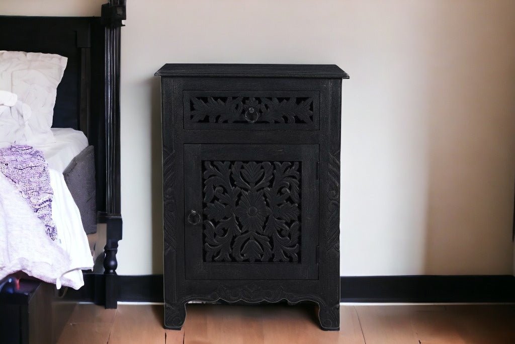 30" Distressed Black One Drawer Carved Floral Solid Wood Nightstand - Montana Home & Kitchen Co.