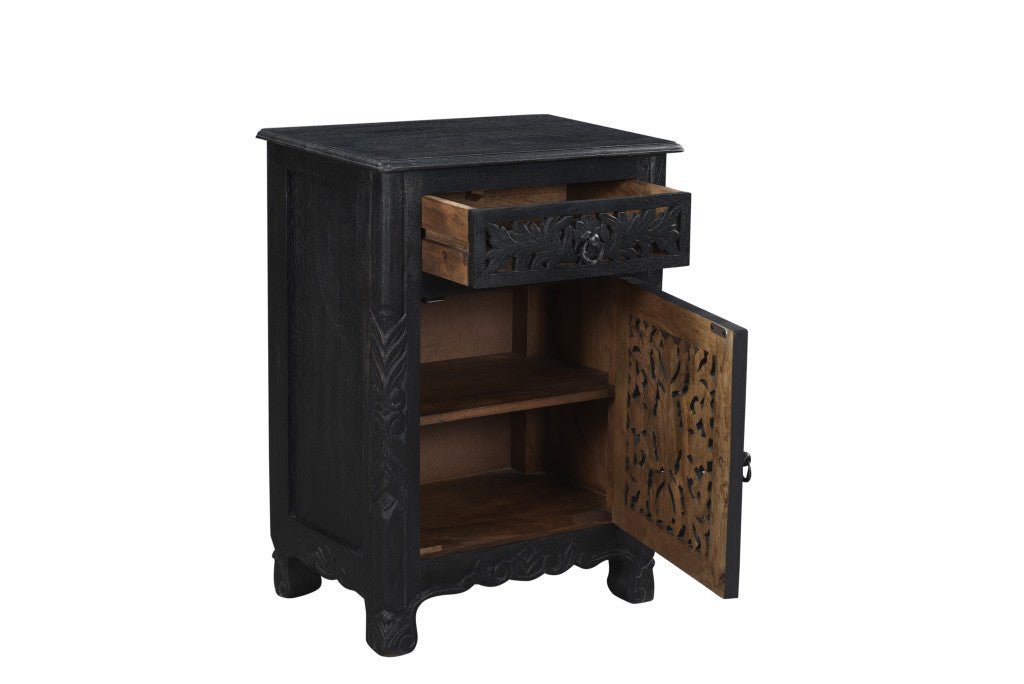 30" Distressed Black One Drawer Carved Floral Solid Wood Nightstand - Montana Home & Kitchen Co.