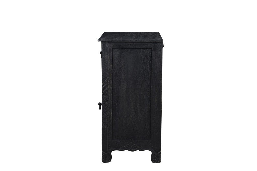 30" Distressed Black One Drawer Floral Carved Solid Wood Nightstand - Montana Home & Kitchen Co.