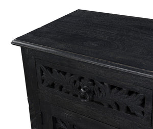 30" Distressed Black One Drawer Floral Carved Solid Wood Nightstand - Montana Home & Kitchen Co.