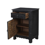 30" Distressed Black One Drawer Floral Carved Solid Wood Nightstand - Montana Home & Kitchen Co.