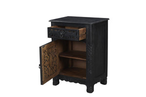 30" Distressed Black One Drawer Floral Carved Solid Wood Nightstand - Montana Home & Kitchen Co.