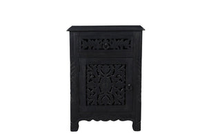 30" Distressed Black One Drawer Floral Carved Solid Wood Nightstand - Montana Home & Kitchen Co.