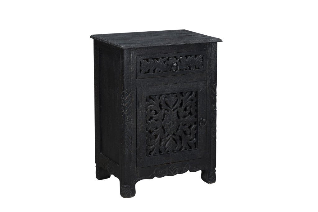 30" Distressed Black One Drawer Floral Carved Solid Wood Nightstand - Montana Home & Kitchen Co.