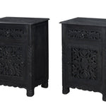 30" Distressed Black One Drawer Floral Carved Solid Wood Nightstand - Montana Home & Kitchen Co.