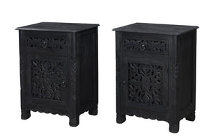 30" Distressed Black One Drawer Floral Carved Solid Wood Nightstand - Montana Home & Kitchen Co.