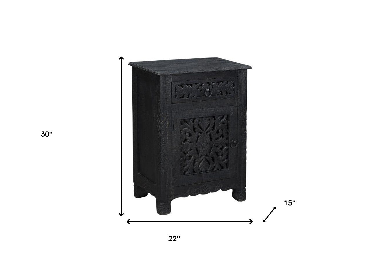 30" Distressed Black One Drawer Floral Carved Solid Wood Nightstand - Montana Home & Kitchen Co.