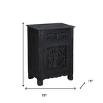 30" Distressed Black One Drawer Floral Carved Solid Wood Nightstand - Montana Home & Kitchen Co.