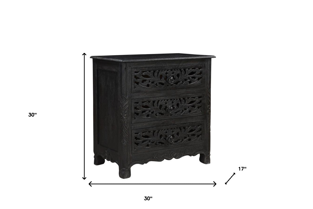 30" Distressed Black Three Drawer Floral Carved Solid Wood Nightstand - Montana Home & Kitchen Co.