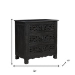 30" Distressed Black Three Drawer Floral Carved Solid Wood Nightstand - Montana Home & Kitchen Co.