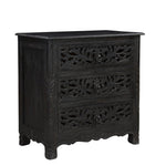 30" Distressed Black Three Drawer Floral Carved Solid Wood Nightstand - Montana Home & Kitchen Co.