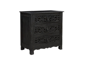 30" Distressed Black Three Drawer Floral Carved Solid Wood Nightstand - Montana Home & Kitchen Co.