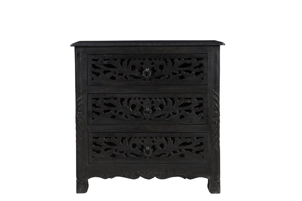 30" Distressed Black Three Drawer Floral Carved Solid Wood Nightstand - Montana Home & Kitchen Co.