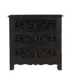 30" Distressed Black Three Drawer Floral Carved Solid Wood Nightstand - Montana Home & Kitchen Co.