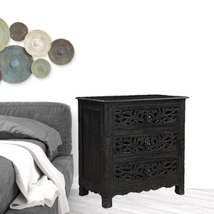 30" Distressed Black Three Drawer Floral Carved Solid Wood Nightstand - Montana Home & Kitchen Co.