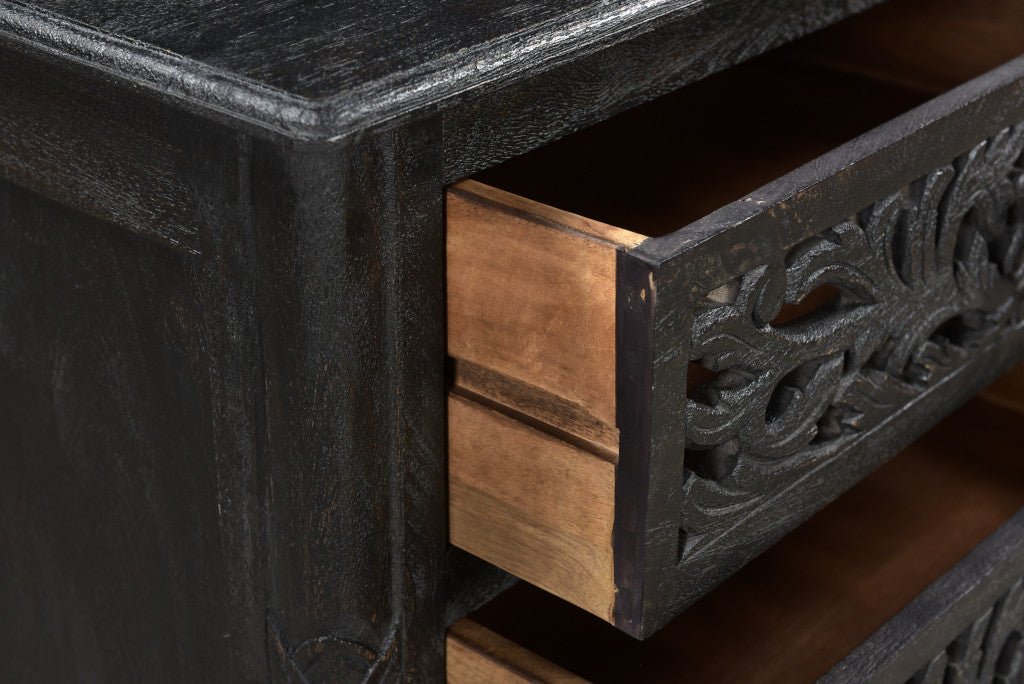 30" Distressed Black Three Drawer Floral Carved Solid Wood Nightstand - Montana Home & Kitchen Co.