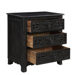 30" Distressed Black Three Drawer Floral Carved Solid Wood Nightstand - Montana Home & Kitchen Co.