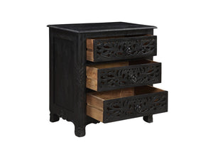 30" Distressed Black Three Drawer Floral Carved Solid Wood Nightstand - Montana Home & Kitchen Co.