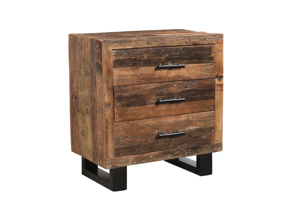 30" Distressed Dark Brown Three Drawer Wood and Metal Nightstand - Montana Home & Kitchen Co.