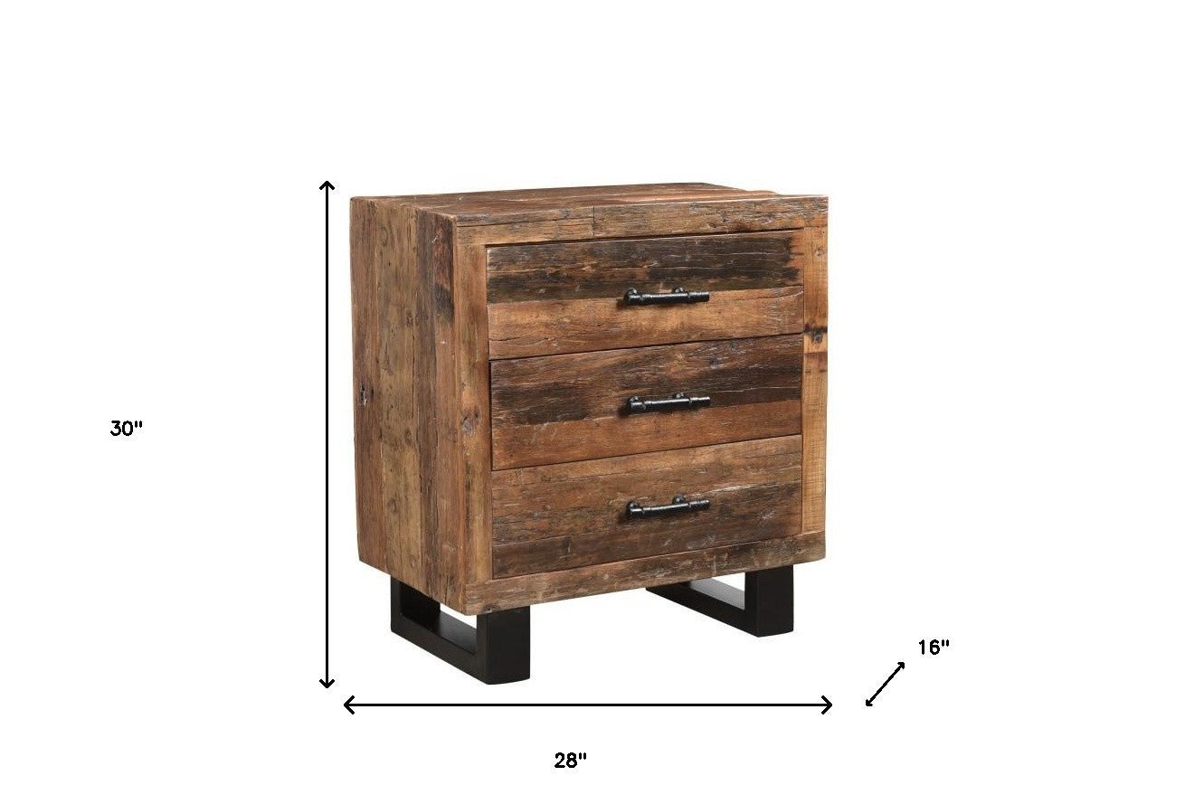 30" Distressed Dark Brown Three Drawer Wood and Metal Nightstand - Montana Home & Kitchen Co.