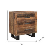 30" Distressed Dark Brown Three Drawer Wood and Metal Nightstand - Montana Home & Kitchen Co.