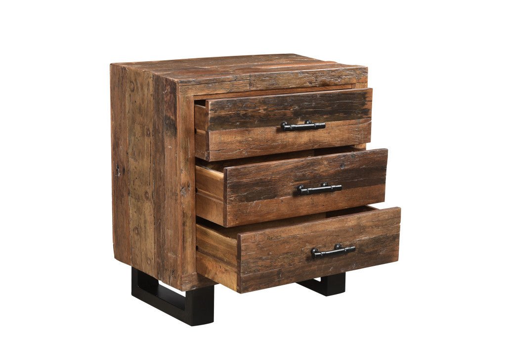 30" Distressed Dark Brown Three Drawer Wood and Metal Nightstand - Montana Home & Kitchen Co.