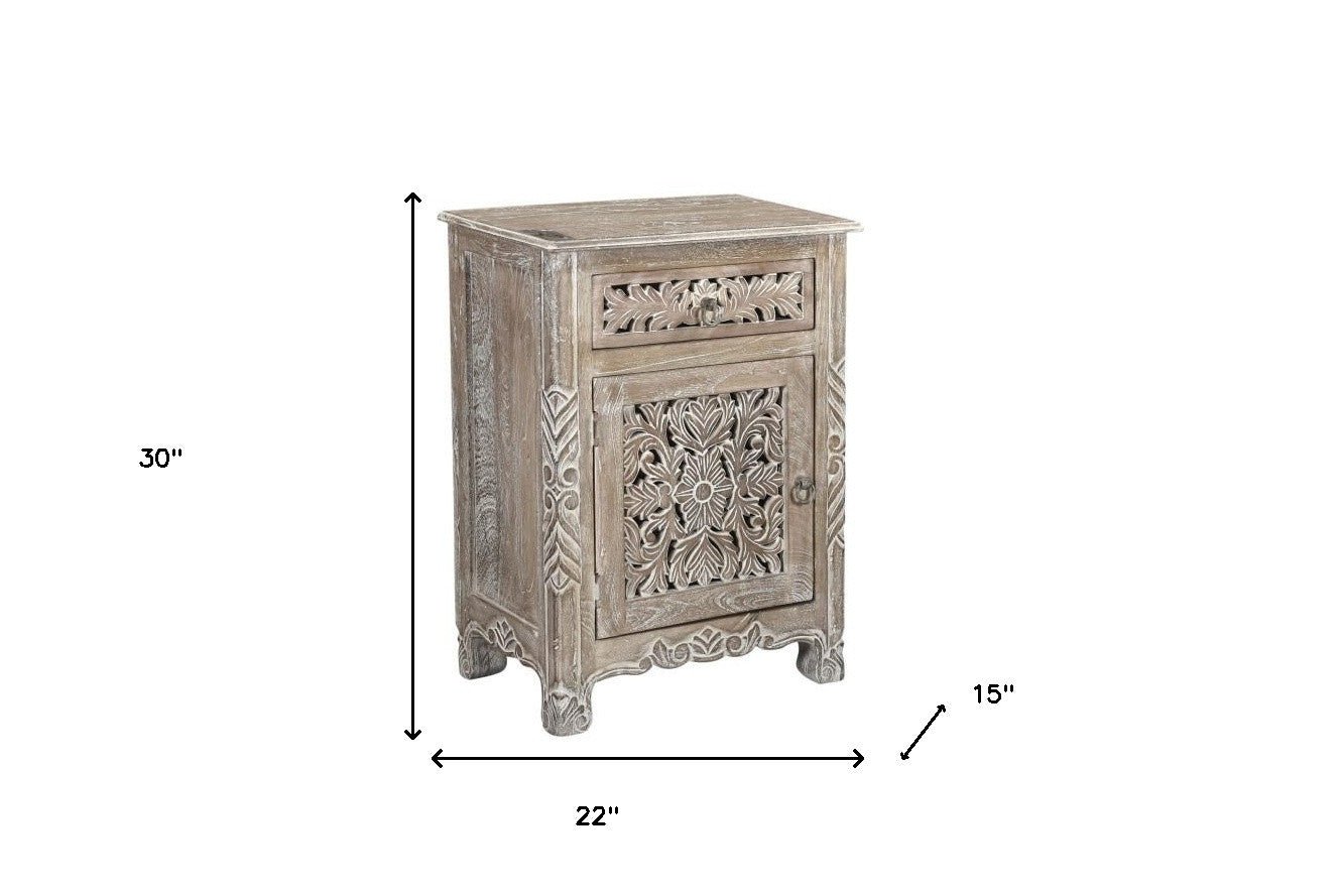 30" Distressed Gray One Drawer Carved Floral Solid Wood Nightstand - Montana Home & Kitchen Co.