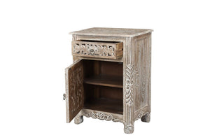 30" Distressed Gray One Drawer Carved Floral Solid Wood Nightstand - Montana Home & Kitchen Co.