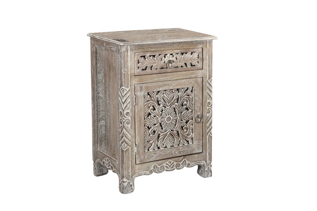 30" Distressed Gray One Drawer Carved Floral Solid Wood Nightstand - Montana Home & Kitchen Co.