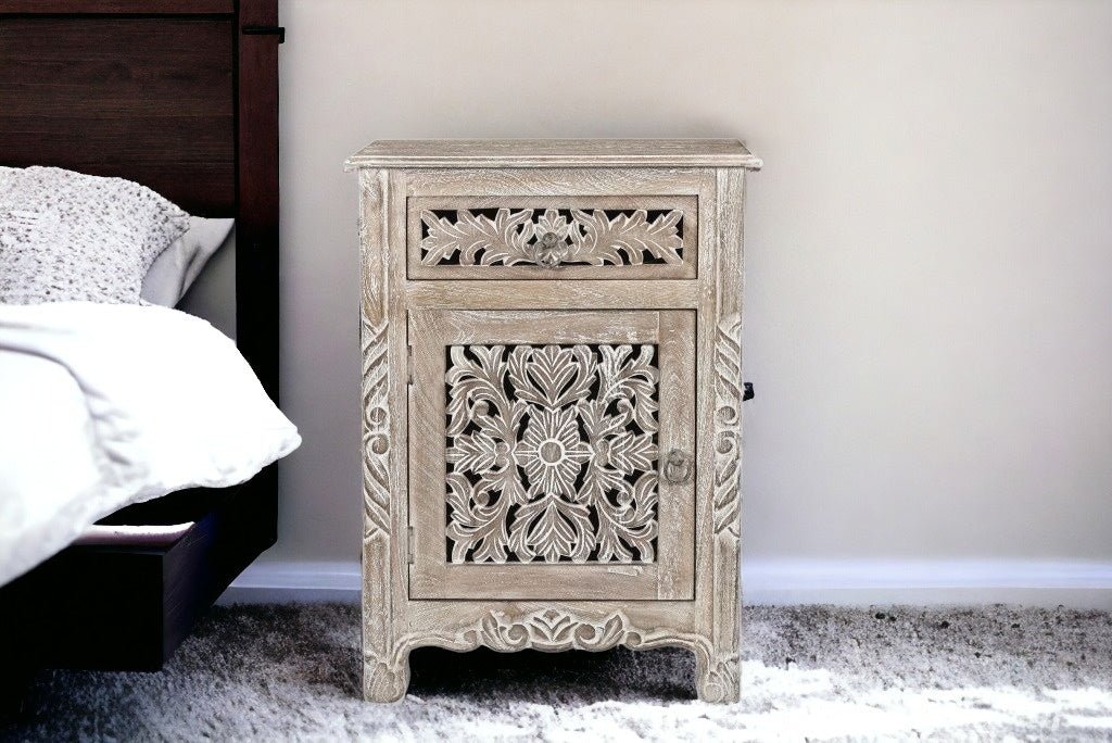 30" Distressed Gray One Drawer Carved Floral Solid Wood Nightstand - Montana Home & Kitchen Co.