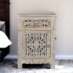 30" Distressed Gray One Drawer Carved Floral Solid Wood Nightstand - Montana Home & Kitchen Co.