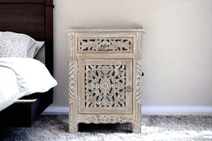 30" Distressed Gray One Drawer Carved Floral Solid Wood Nightstand - Montana Home & Kitchen Co.