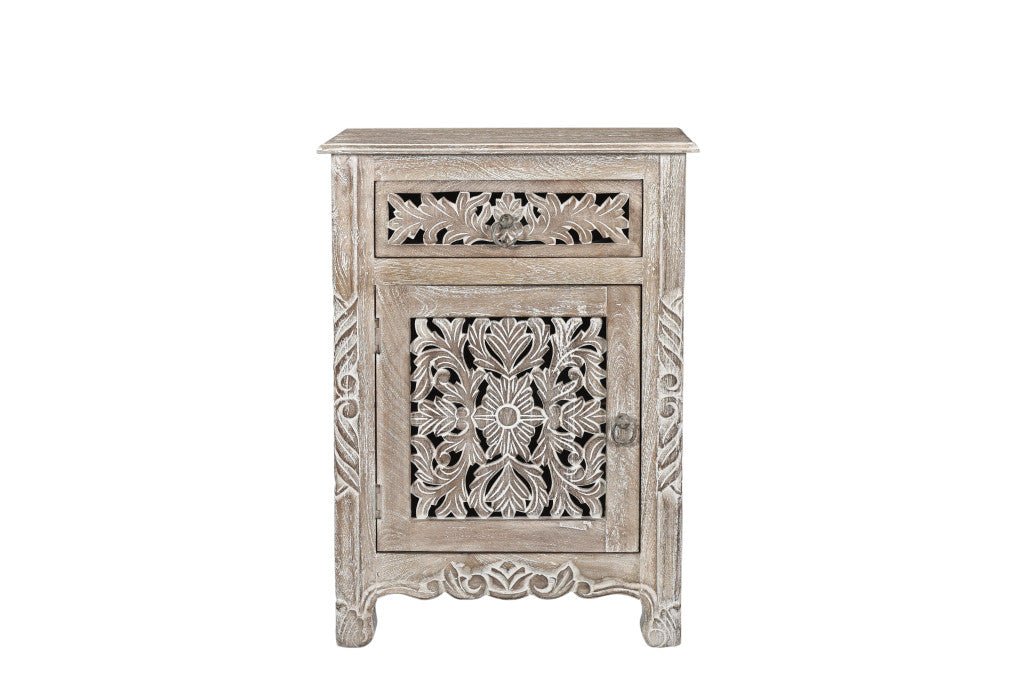 30" Distressed Gray One Drawer Carved Floral Solid Wood Nightstand - Montana Home & Kitchen Co.